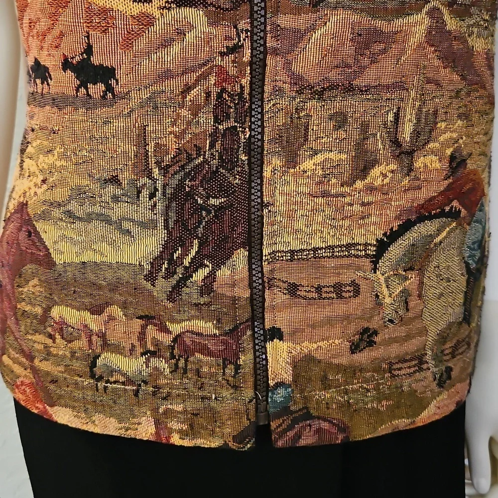 Vtg SADDLE RIDGE 1980s Western Equestrian Horse Tapestry Zipper Vest - Picture 7 of 11